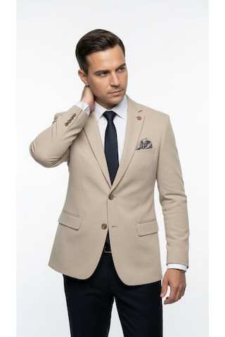 Plus Scorpion Erkek Slim Fit Ceket Likralı Fitilli Kumaş, Çift Düğmeli Tek Yırtmaçlı Modern Tasarım Vizon