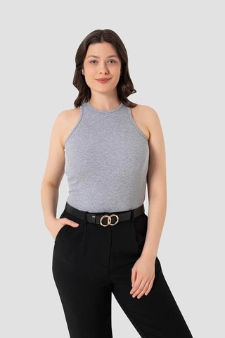 Astrid T Kombin Parçası Yazlık Bluz Tekstil Ürün Kadın Pamuklu Fitilli Görünümlü Halter Yaka Basic Gri Atlet