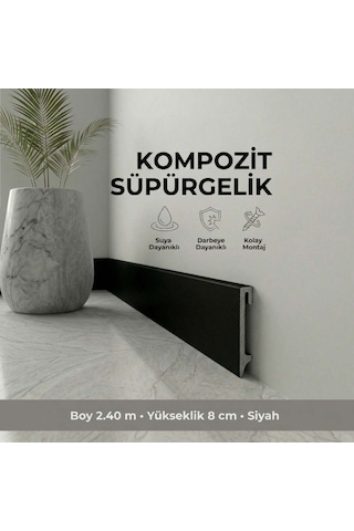 Espumo Kompozit Süpürgelik 8 cm Siyah | Suya Dayanıklı Parke Duvar Süpürgelik 2,40 m ESP206