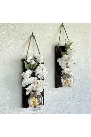 Led Işıklı, Lüx Beyaz Bahardalı Çiçekli Duvar Dekoru Ceviz İkili Set Ceviz