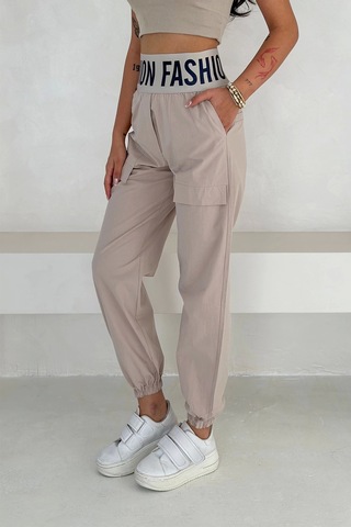 Beli Lastikli Fashion Pantolon Krem Krem