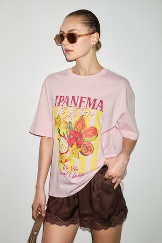 Grımelange Wuna Kadın Yumuşak Kumaşlı %100 Organik Pamuklu Baskı Detaylı Pembe T-shirt
