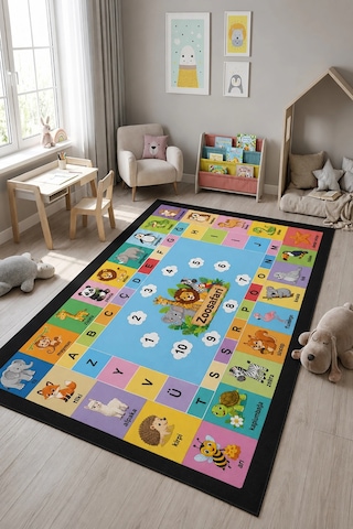 Sonictouch Çocuk Oyun Halısı Türkçe Eğitici Hayvanlar Alfabeli Halı Kaymaz Dijital Baskı 70x120 CM