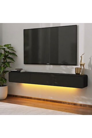 İnarch Dizayn Alba Led Işıklı Duvara Monte Tv Sehpası - 3 Kapaklı Tasarım Siyah