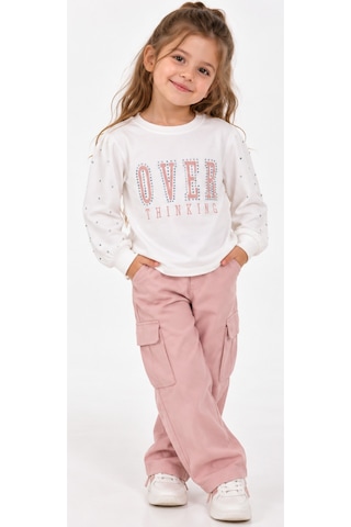 İrem Kız Çocuk Over Yazılı Kolları Taş Detaylı Uzun Kollu Beyaz Renk Penye İnce Sweatshirt