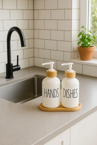 2'li Seramik Sıvı Sabunluk Seti Bambu Kapaklı Ve Standlı 550 Ml Hands & Dishes Mutfak Sabunluk Seti Beyaz - Şeffaf