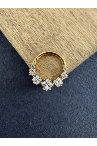 316 L Cerrahi Çelik Oval Zirkon Taşlı Pırlanta Model Halka Piercing Beyaz Altın