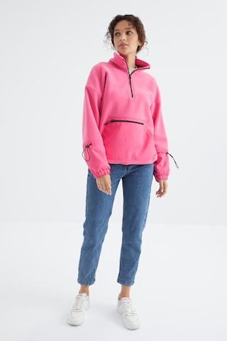 Tommy Life Şeker Pembe Etek Ucu Büzgülü Yarım Fermuarlı Oversize Kadın Polar Sweatshirt - 97238 Şeker Pembe
