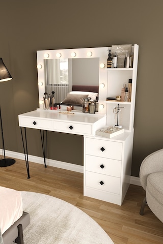 Df02121 Led Işıklı Aynalı Makyaj Masası Raflı Çekmeceli Beyaz Hollywood Model Makyaj Organizer