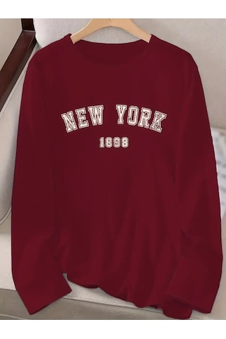 Kadın Uzun Kollu Bisiklet Yaka Yazı Baskılı Viskon Bluz Bordo