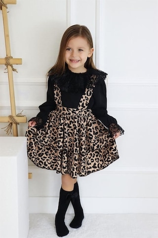 Kız Çocuk Helen Leopar Askılı Kat Kat Bağlama Jile Elbise Dantel Detay  Uzun Kollu Bluz Takım