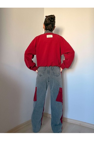 Ali Butik Bordo Paraşüt Kumaş Denim Detaylı Takım Bordo
