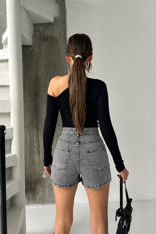 Bluemarlin Gri Kar Yan Kılçık İşlemli Kısa/mini Denim/kot Şort Gri Kar