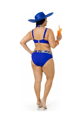 Büyük Beden Sabit Kaplı Telli Desenli Üst Bağcık Detaylı Yüksek Bel Kadın Bikini Takımı