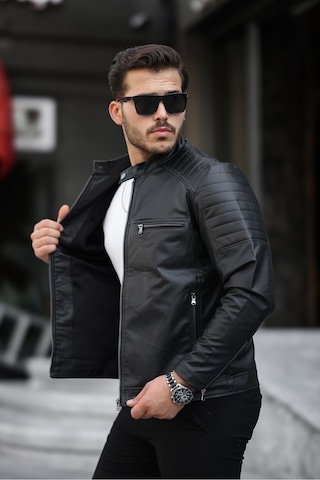 Erkek Yeni Sezon Siyah Dar Kesim Deri Ceket & Mont Siyah