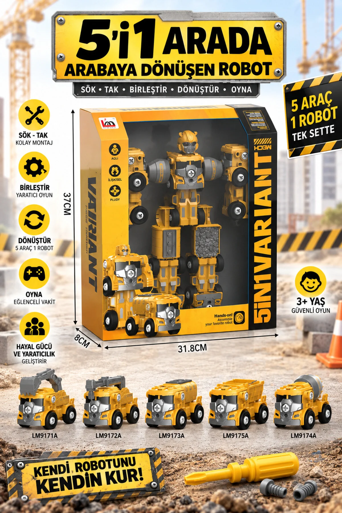 Arabaya Dönüşen 5 Robotlu Dıy Set, 85 Parça Sök-tak, Birleşerek Dev Robot Olur Hardal Sarısı