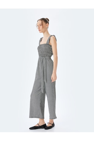 Koton Gipeli Kare Yaka Geniş Paça Kemerli Kolsuz Tulum Siyah Desenli 5sal40008ık Siyah Desenli Siyah