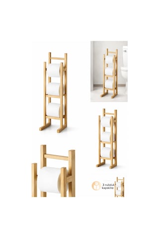 İndecor Houseware Bambu Ahşap Tuvalet Kağıtlığı Yedekli Ayaklı Ahşap Banyo Aksesuarı Wc Kağıtlık,peçetelik