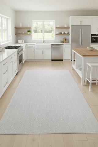 Raschel Carpet Premium Yıkanabilir Leke Tutmaz Yaprak Emboss Açık Gri Mutfak Halısı Özel Seri Kaymaz Taban Halı Açık Gri