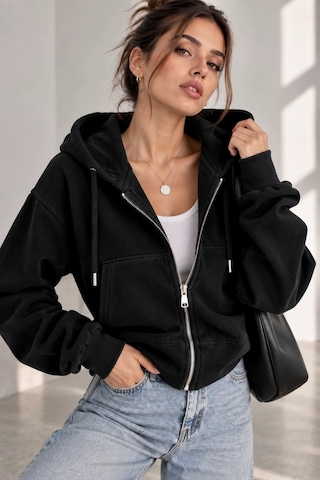 Bb Butik Basic Selanik Dokulu Fermuarlı Kapüşonlu Kadın Sweatshirt My3535 siyah