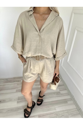 Keymoda Kadın Gömlek Şort Keten Takım Taş Rengi Taş Rengi