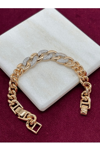 Gümüş Ve Altın Örme Taşlı Rose Bileklik Rose Gold