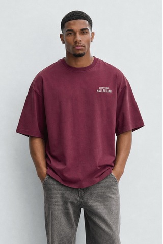 Respire Erkek Hallelujah Baskılı Oversize T-shirt Bordo