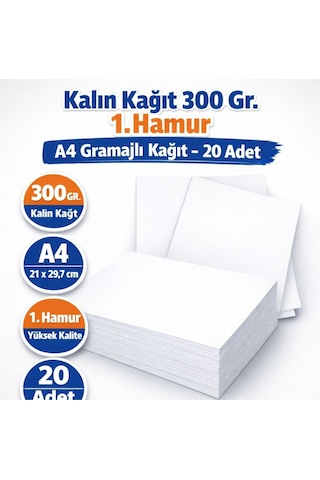 Kalın Kağıt 300 Gr. 1. Hamur A4 Gramajlı Kağıt -20 Adet 0,37 Kg