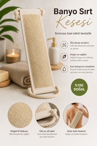 Naturel Kabak Uzun Sırt Tipi İpli Banyo Kesesi Bej