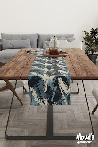 Blue Brush Desenli Baskılı Süet Runner Masa Örtüsü