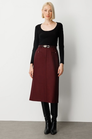 Ekol Kadın Beli Kemerli Yırtmaçlı Midi Etek 2009 Bordo Bordo