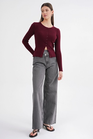 Hiccup Mixray Düğmeli Slim Fit Yivli Örgü Hırka Bordo Kırmızı 03