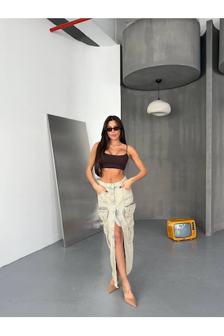 Bej Denim Kargo Cepli Yüksek Bel Yırtmaçlı Maxi Etek ÇoK Renkli