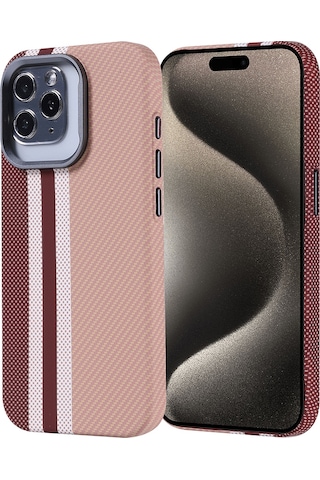 Apple Uyumlu iPhone 15 Pro Kılıf Kablosuz Şarj Özellikli Karbon Fiber Görünümlü Nekst Kapak Gold
