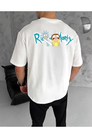 Barlashive Erkek Kısa Kol Tişört Bisiklet Yaka Rick And Morty Baskılı T-shirt - Beyaz Çok Renkli