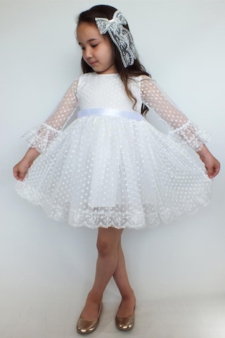 Beyaz Nokta Puanteli Dantelli Kız Çocuk Elbise - Kız Çocuk Abiye