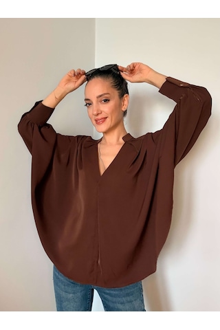 Ali Butik Kahve Yarasa Kol V Yaka Tasarım Gömlek Kahve