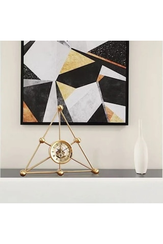 Üçgen Moleküler Tasarım Iskelet Mekanizmalı Gold Metal Masa Saati 35x30 Cm - Çarklı Lüks Ofis Çalışma Masası Aksesuarı
