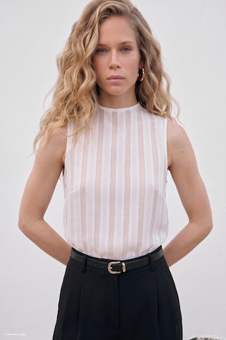 Sateen Çizgili Organze Kolsuz Bluz - Ekru-137673