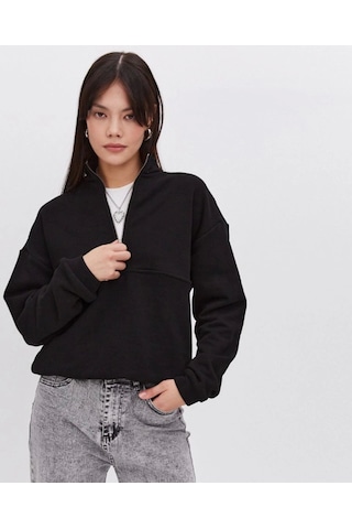 Etiler Collection Oversize Yarım Farmuarlı Yakalı Basic Sweatshirt - Siyah