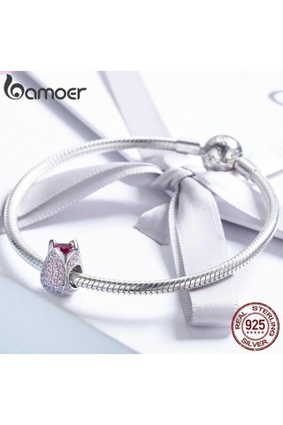 Bamoer Romantik 925 Ayar Gümüş Lale Çiçek Yaprakları Pembe Cz Boncuk Fit Kadın Bilezik Ve Kolye Gümüş - Pembe Altın