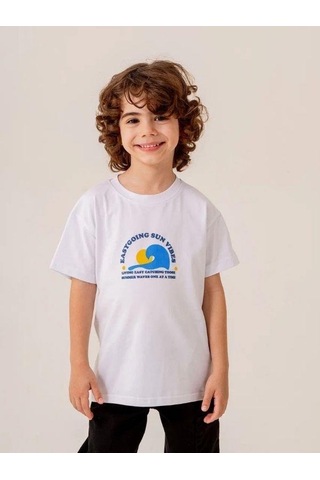 Cicihlid Erkek Çocuk Pamuklu Sun T-shirt-15887 Beyaz