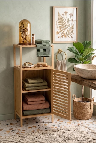 Robin Home Bambu Kapaklı 2 Raflı Çok Amaçlı Banyo Düzenleyici Organizer Dik Dolap Bej