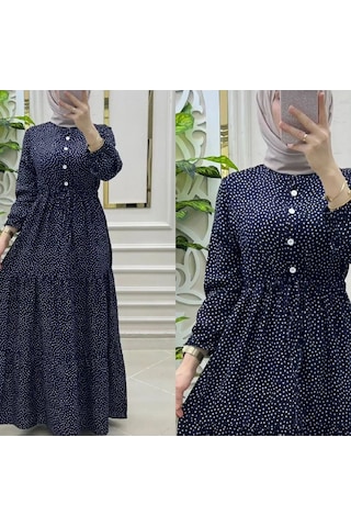 Ayşo Clothes Kadın Puantiyeli Lacivert Renk Viskon Kumaş Ön Düğmeli Ayarlanabilir Kuşaklı Tesettür Elbise Lacivert