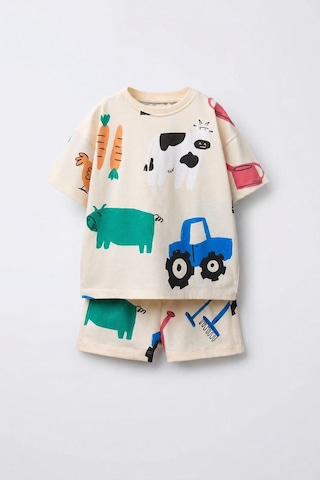Monila Erkek Çocuk Çiftlik Baskılı Pamuklu T-shirt Şort Altüst Takım Ekru