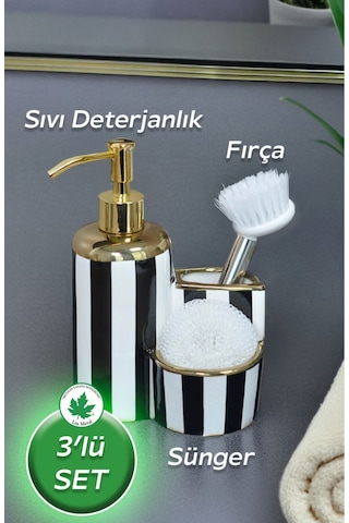 Çizgi Desenli Lüks Porselen Fırçalı Süngerli Mutfak Sıvı Sabunluk Bulaşık Deterjanlık 400ml Diğer