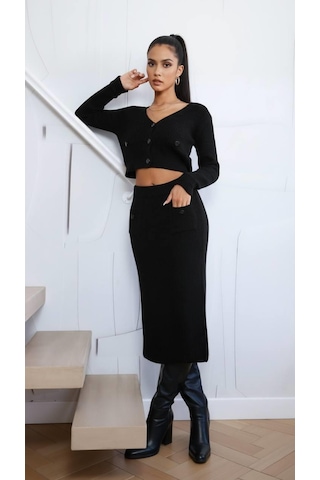 Miss Poem Kadın Siyah Hırka Etek Alt Üst İkili Takım Siyah