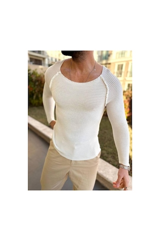 Elku Moda Kazak Slim Fit Triko Dar Kesim Geniş Yaka Yumuşak Dokulu Pamuklu Kazak Ekru