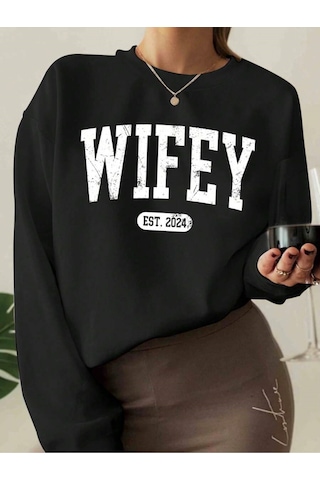 Unisex Oversize Wifey Baskılı Bisiklet Yaka Siyah Sweatshirt Siyah