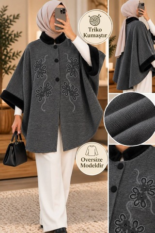 Genel Markalar Novea Scarf Kürklü Şık İşlemeli Panço Gri - 936037732 Gri